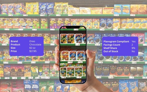 Phone scanning a cereal shelf, reading planogram compliance and facings